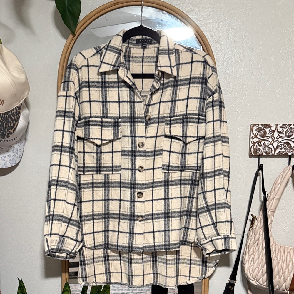Cream and Black Plaid Utility Jacket